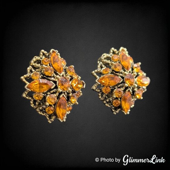Vintage Floral Autumnal Orange Rhinestones Dome Gold Tone Clip On Earrings - Picture 2 of 9